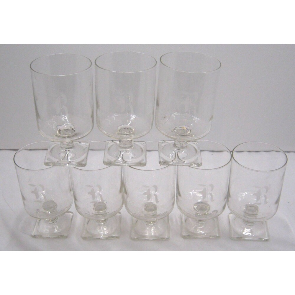 Vintage Hand Etched "R" Monogram Glasses - Set of 8